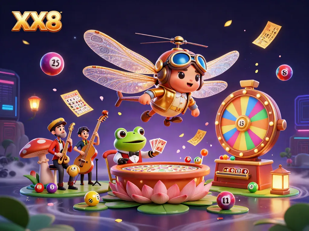 Experience the vibrant world of XX8 casino with dynamic characters and gaming elements in a lively illustration.