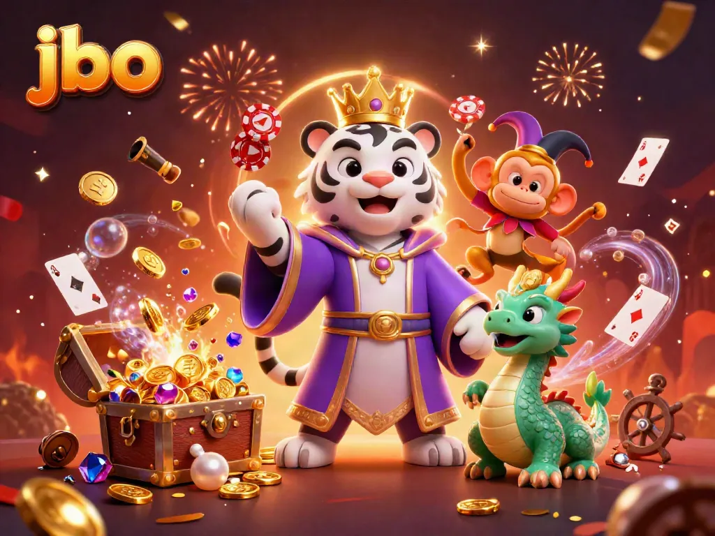 Experience exciting wins at jbo with a vibrant 3D casino-themed illustration featuring unique characters.