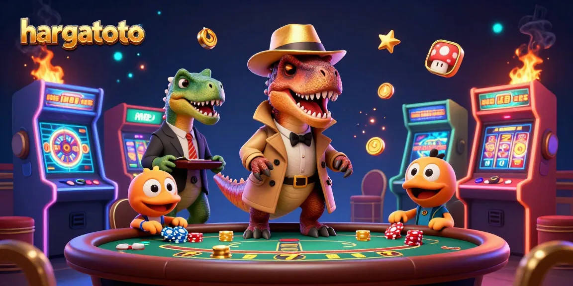 Experience thrilling gameplay at hargatoto with a colorful casino setup featuring animated characters and slot games.