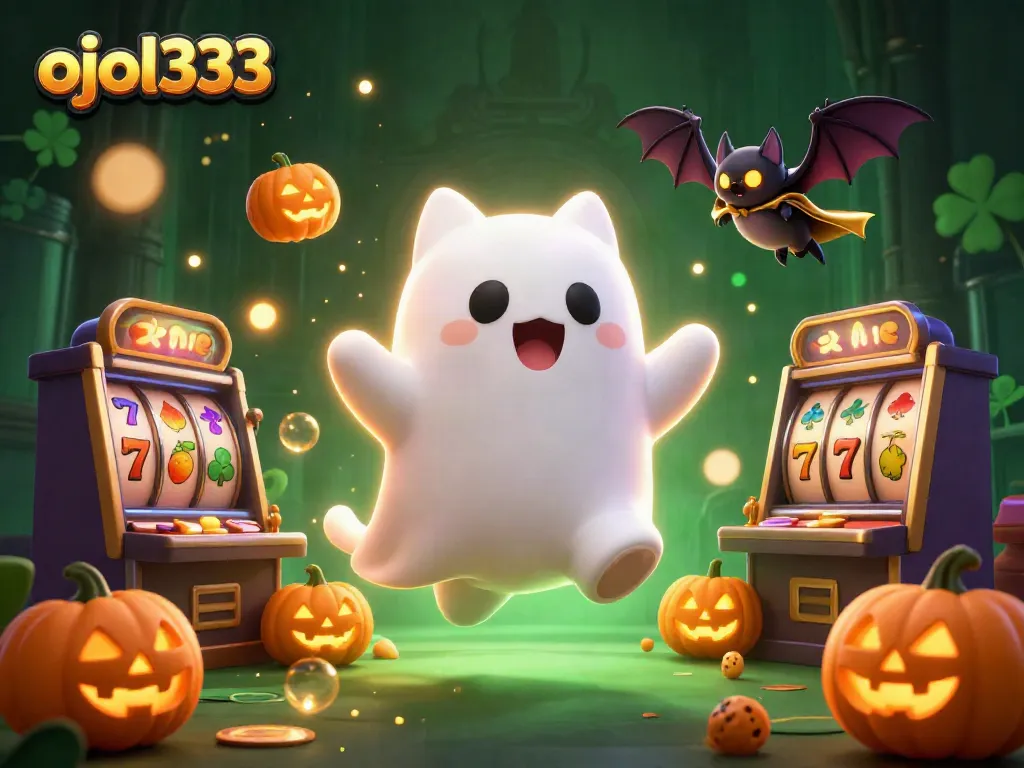 Experience ojol333 with a ghost cat and bat in a vibrant haunted casino