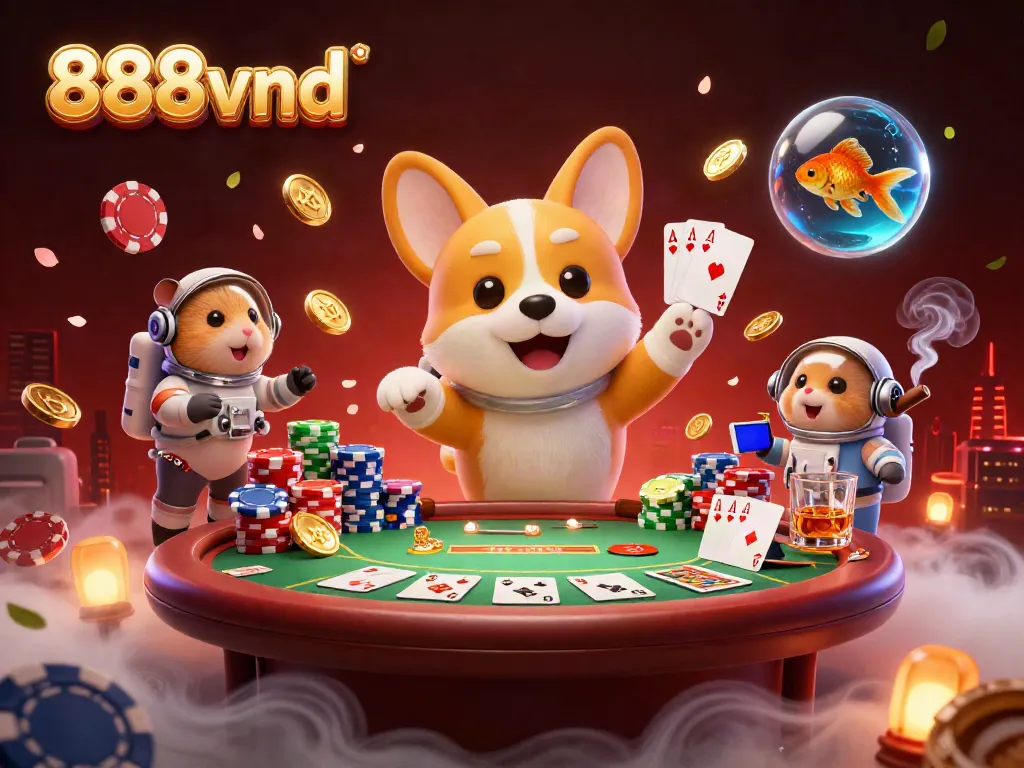 Experience the thrilling 888vnd casino scene with a floating astronaut corgi and vibrant game elements.