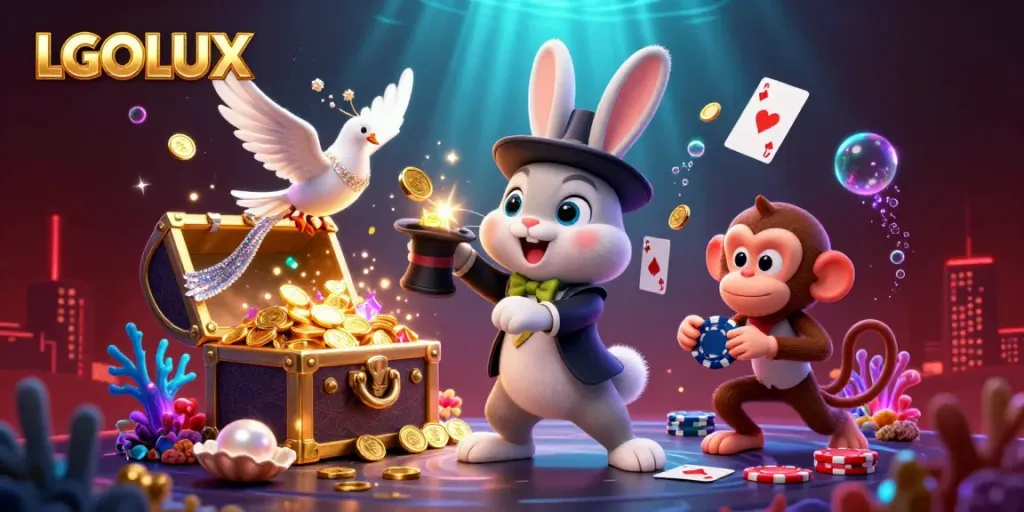 Celebrate wins with LGOLUX's 3D illustration of a magician rabbit pulling coins and a playful monkey amidst vibrant casino elements.