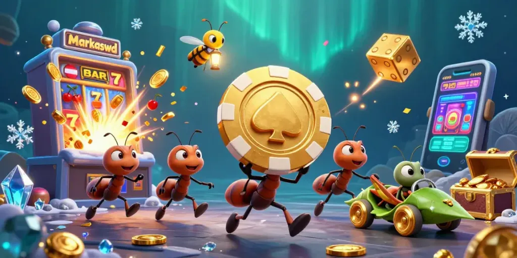Markaswd showcases a heist by ants in a vibrant casino scene filled with gold coins and game excitement.