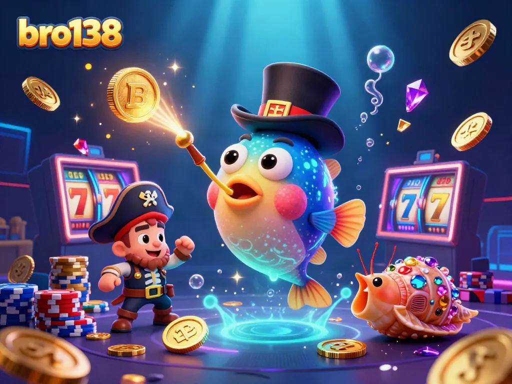 Bro138 attracts users with a vibrant scene featuring lively characters and casino elements illustrating excitement.