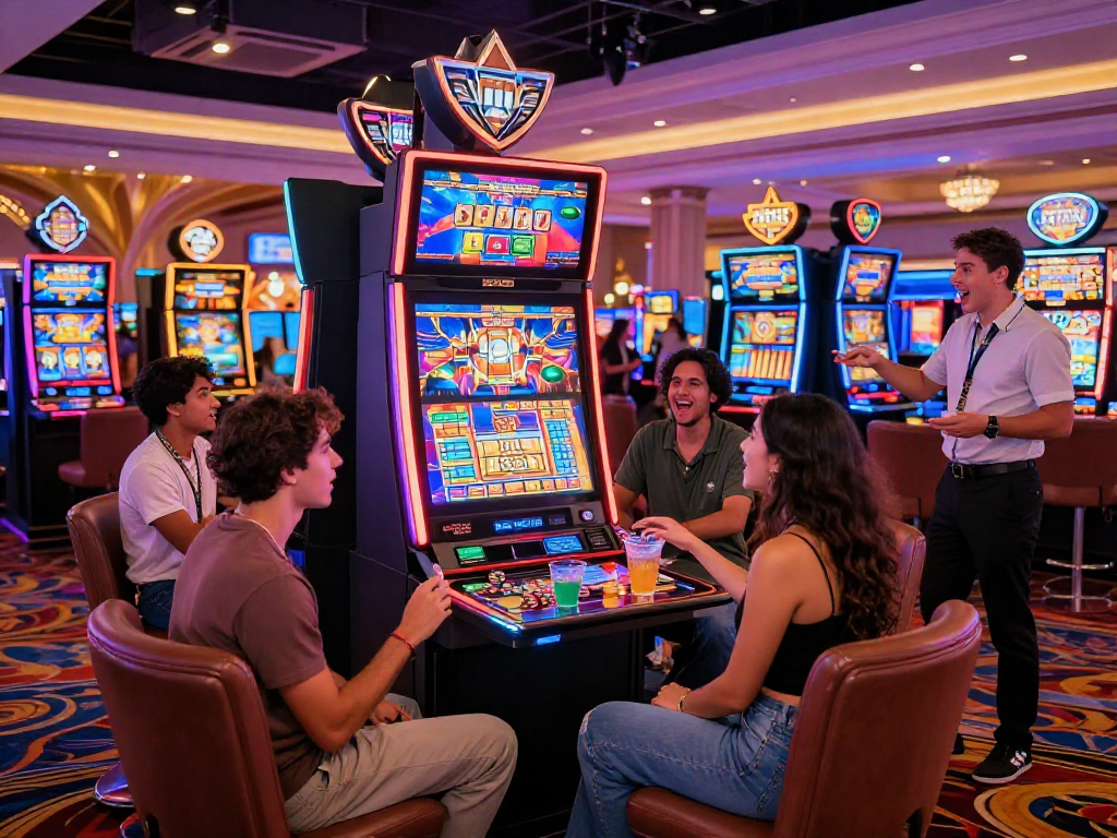 Group of friends enjoying a lively slot gacor gaming experience in a vibrant casino.