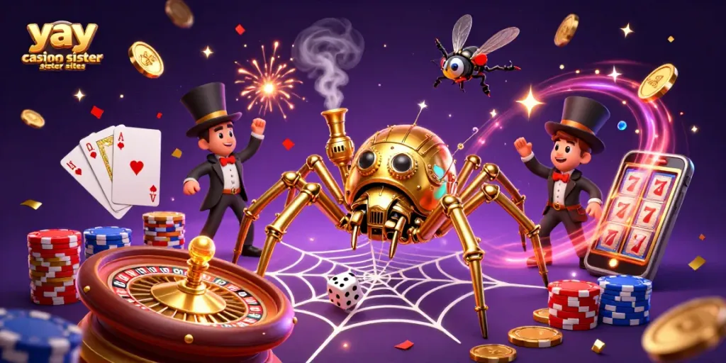 Win big at yay casino sister sites with a vibrant 3D illustration of a steampunk spider and casino elements.