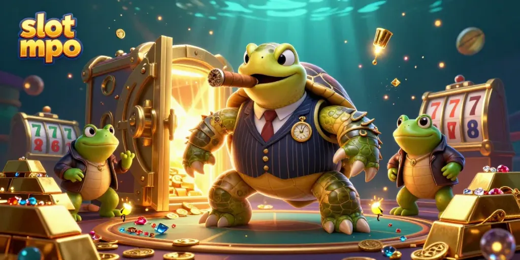 Engage with the vibrant world of slot mpo featuring a turtle mobster and bullfrog enforcers amidst casino treasures.