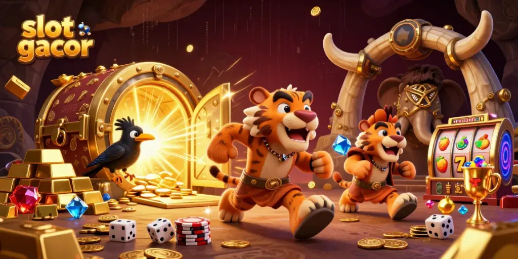Gameplay slot gacor yang menarik dengan karakter kompetitif dan elemen emas berkilau.