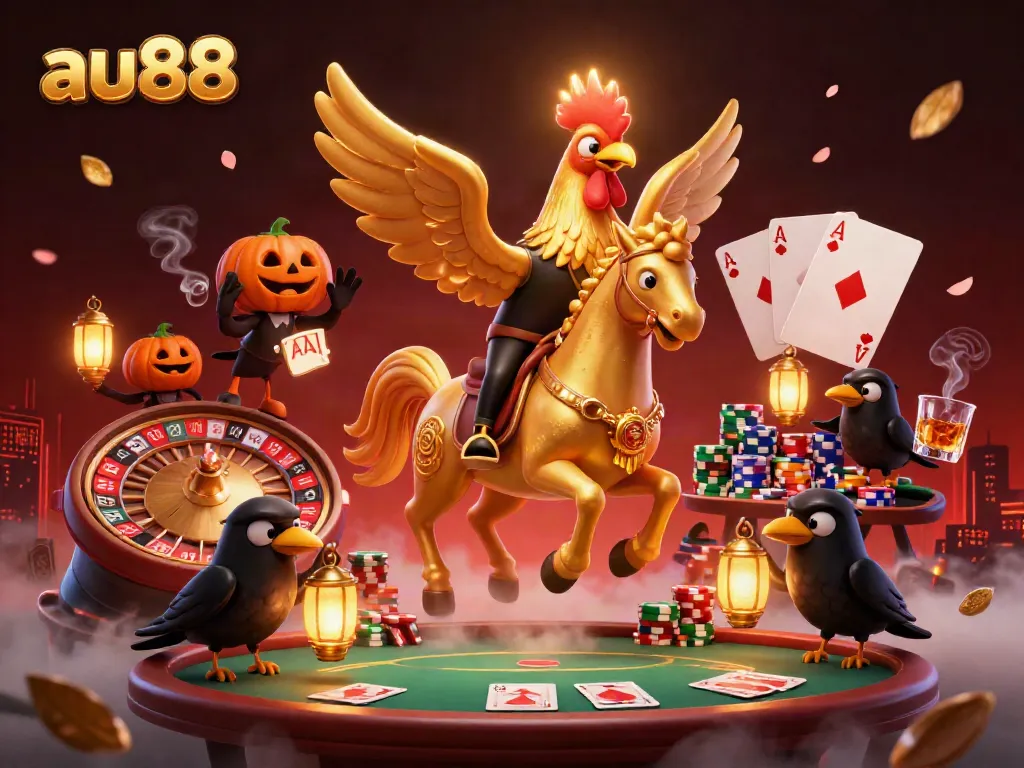 Experience live casino thrills with au88's golden rooster and vibrant game elements illuminating the night.