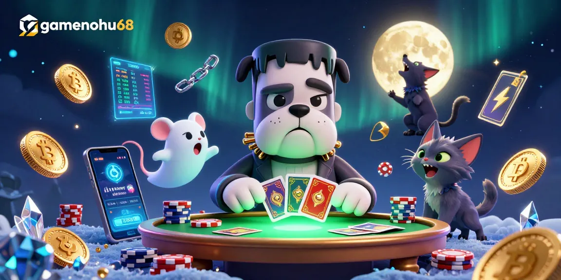Engage with gamenohu68's thrilling crypto casino scene featuring lively characters and vibrant game elements.
