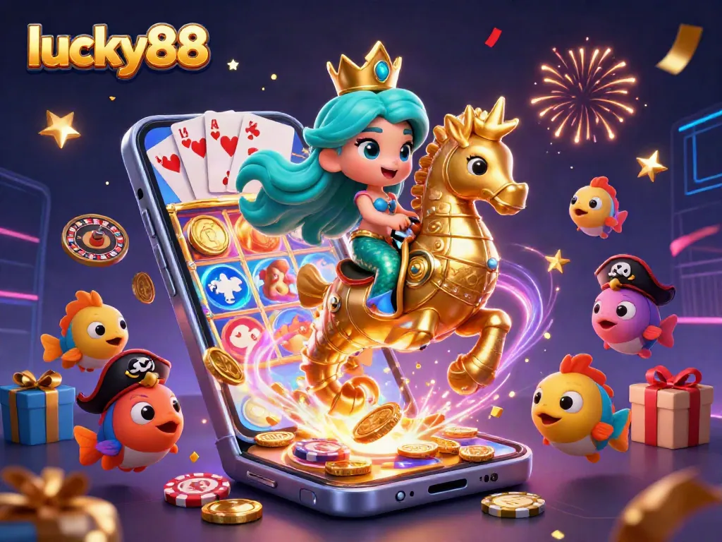 Engage in thrilling gameplay at lucky88, where vibrant characters explore colorful slot games surrounded by festive elements.