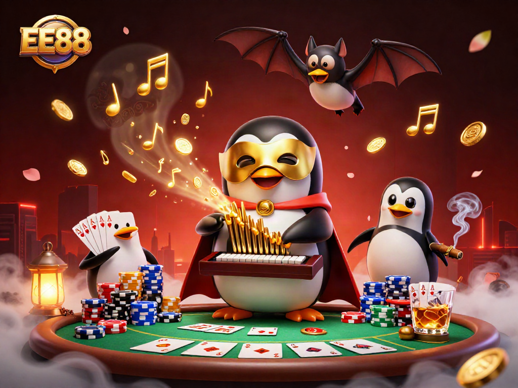 EE88 showcases a lively casino scene with a penguin and bat, highlighting poker excitement.