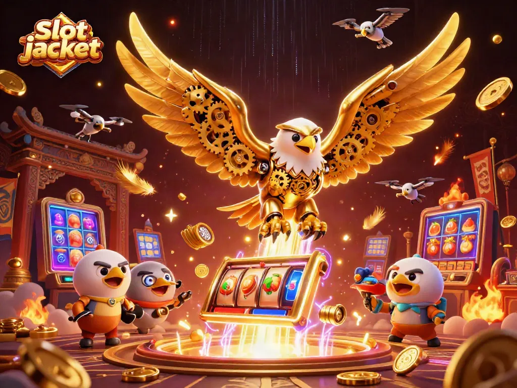 Play slot jackpot with vibrant 3D casino scenes featuring a golden eagle amidst rich game elements.