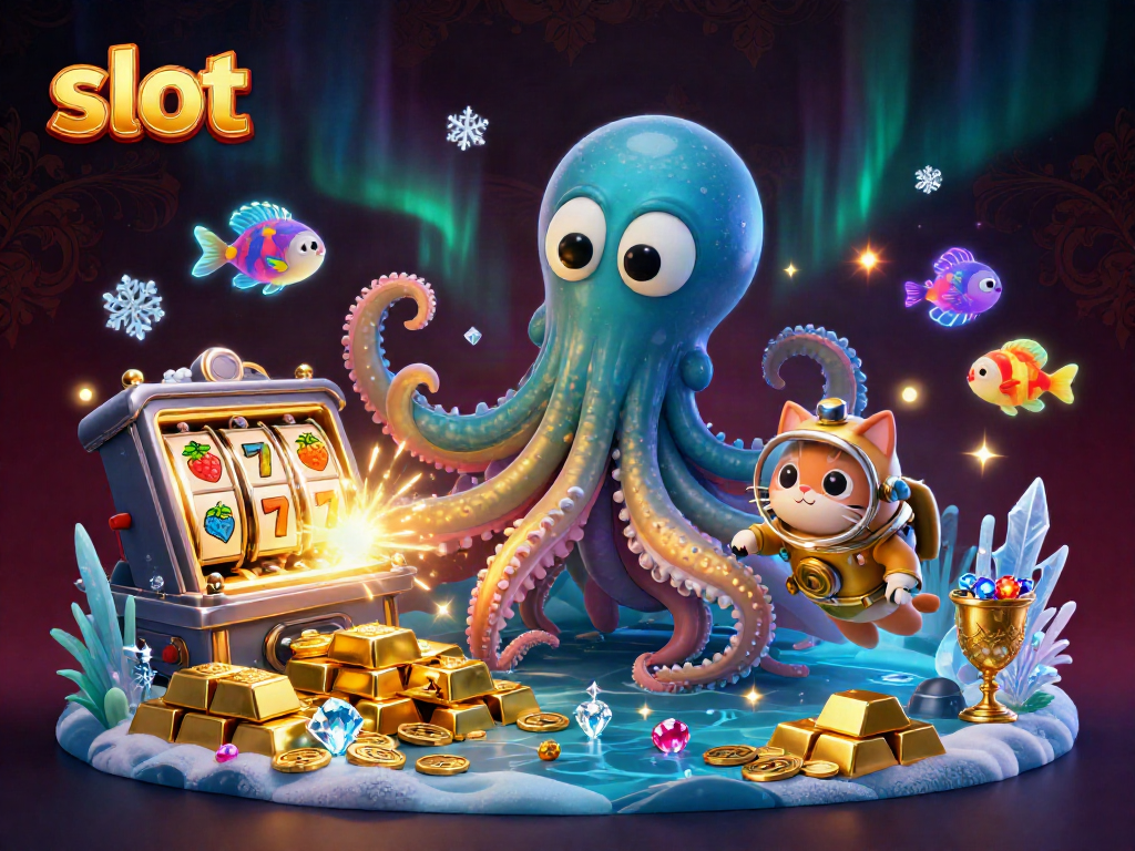 Spin the slot game reels alongside a colossal kraken and whimsical diving cat amid piles of treasure.