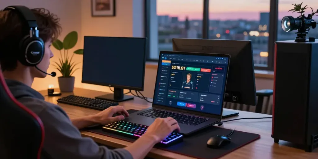 Gamer using SGPSLOT link login on a laptop in a modern workspace