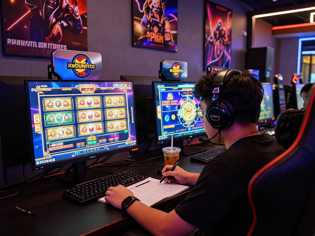 Engaging online gaming setup showcasing kebuntoto slot games with an enthusiastic player focused on gameplay.