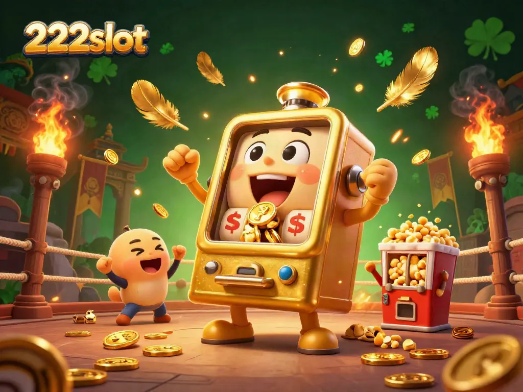 Gulungan slot 222slot yang beruntung menumpahkan koin emas dari mulutnya, dikelilingi oleh mesin slot bayi dan mesin popcorn.