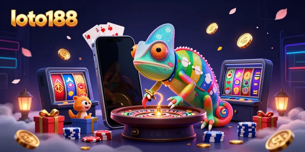 Experience thrilling gameplay at loto188 with vibrant slot games, casino tables, and a colorful chameleon owner.