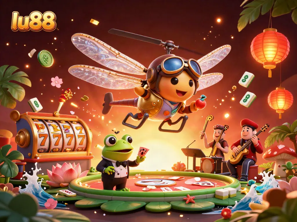 Experience the thrill of lu88 with a vibrant casino scene featuring a dragonfly pilot and frog croupier.
