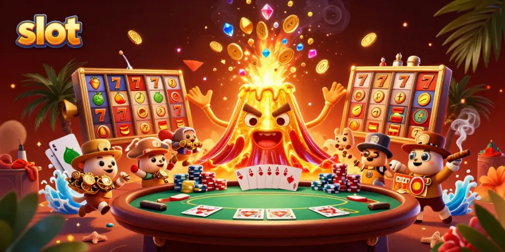 Experience the thrill of slot machines with golden coins and vibrant characters in a casino scene.