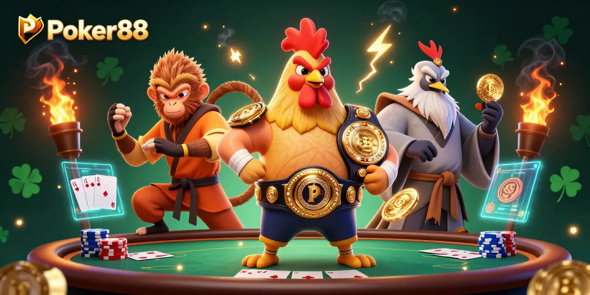 Engage in epic poker battles with Poker88’s vibrant 3D scene of skilled whimsical characters.