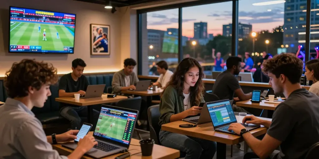 People enjoying lotus365 betting on cricket, football, and tennis in a vibrant sportsbook lounge.
