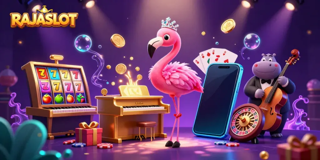 RAJASLOT menawarkan pengalaman bermain slot seru dengan karakter kartun yang menarik dan elemen kasino yang kaya.