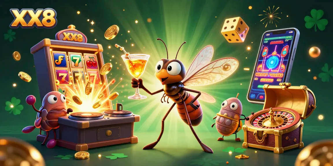 Experience the excitement of XX8 with a vibrant casino scene featuring a unique mosquito mascot and more!