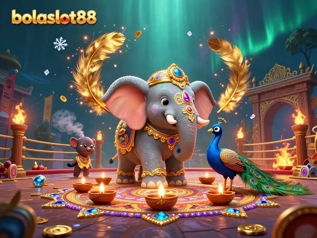 Experience the excitement of bolaslot88 with the vibrant 3D elephant and peacock surrounded by glistening gems and golden coins.