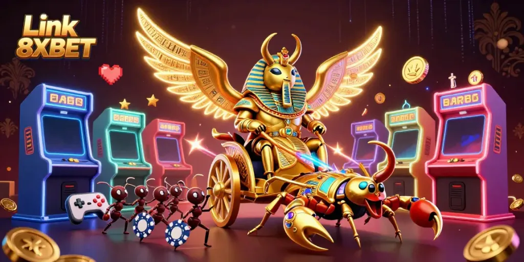 Claim your bonuses and games at Link 8XBET with this vibrant 3D illustration of casino elements.