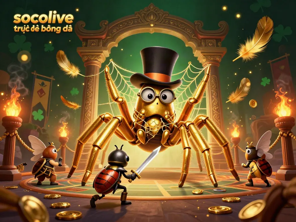 Experience socolive trực tiếp bóng đá with a vibrant, engaging scene featuring a golden tarantula and beetle knight.