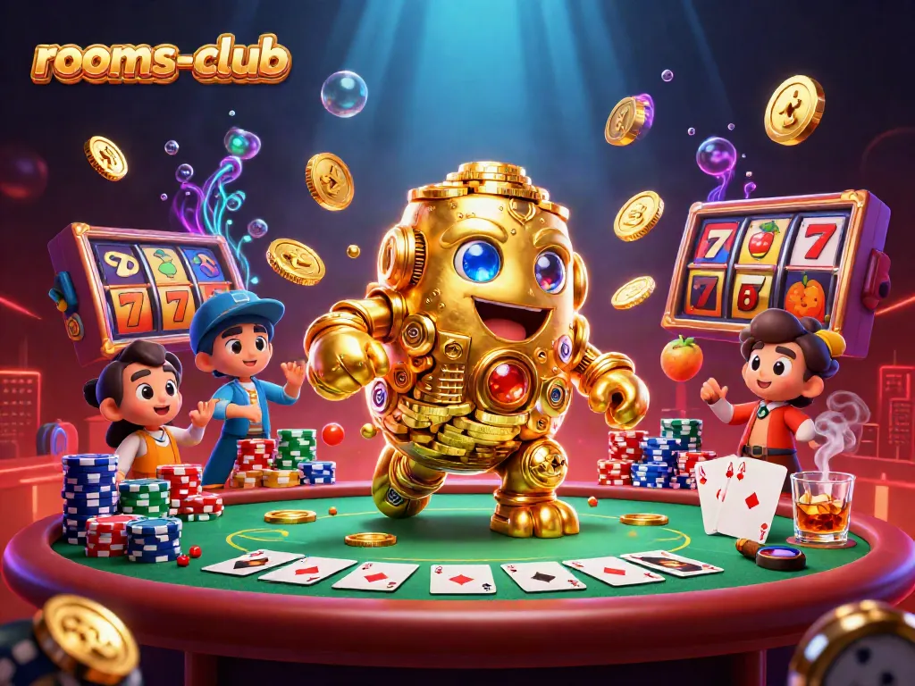 Gambarkan aksi menguntungkan di rooms-club dengan golem emas dan simbol slot.
