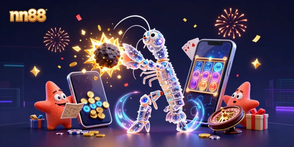 Experience the thrill of winning with nn88 while a galactic samurai mantis shrimp encounters treasures in cosmic casino chaos.