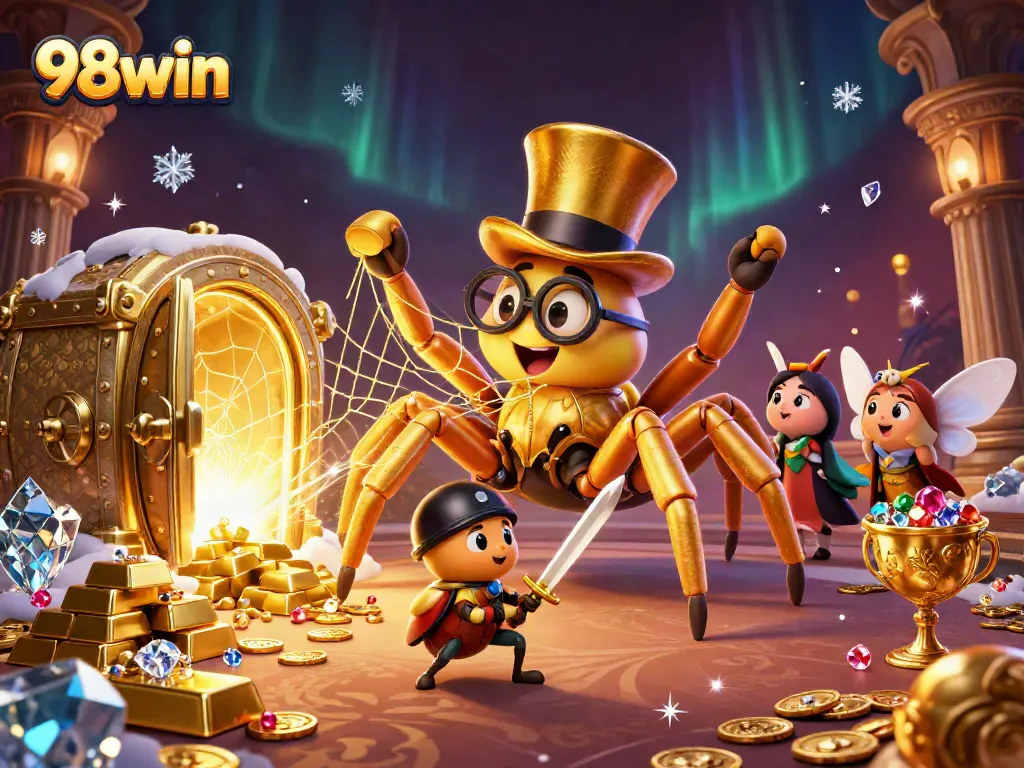 Experience the thrill of 98win in a golden casino world with vibrant characters and treasures.
