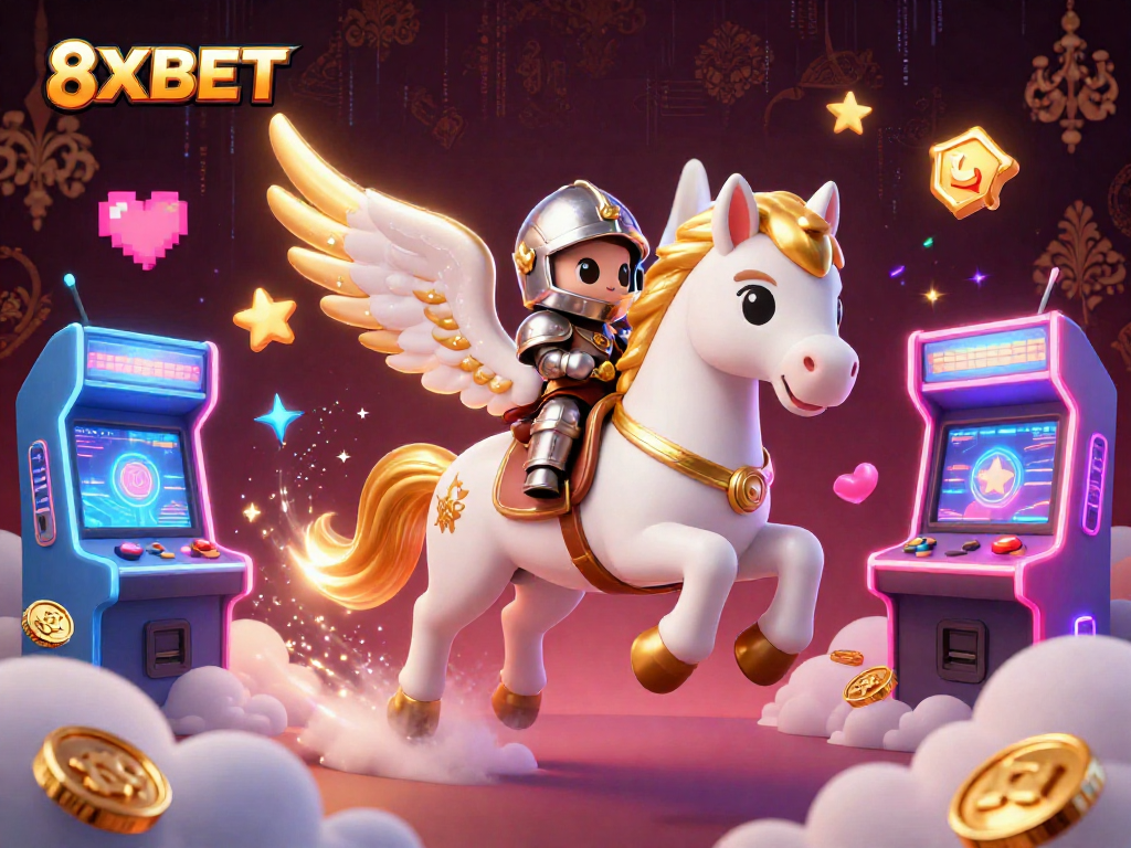 Join the excitement of 8XBET with colorful gaming elements and a majestic celestial horse.