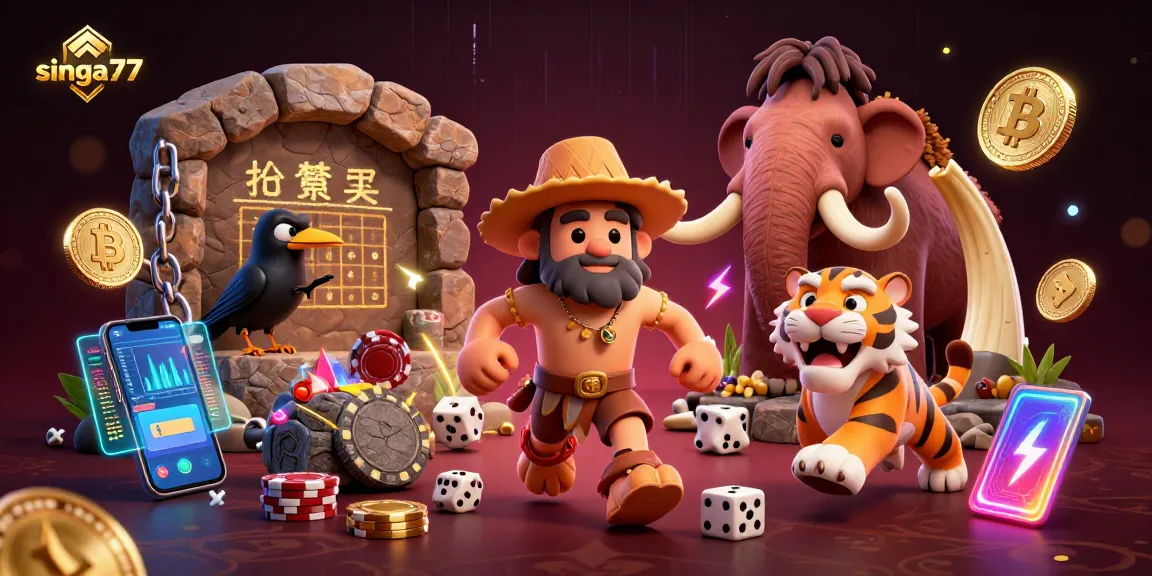 Singa77 promotes exciting prehistoric casino adventures with Bitcoin and Ethereum coins amid vibrant 3D characters.