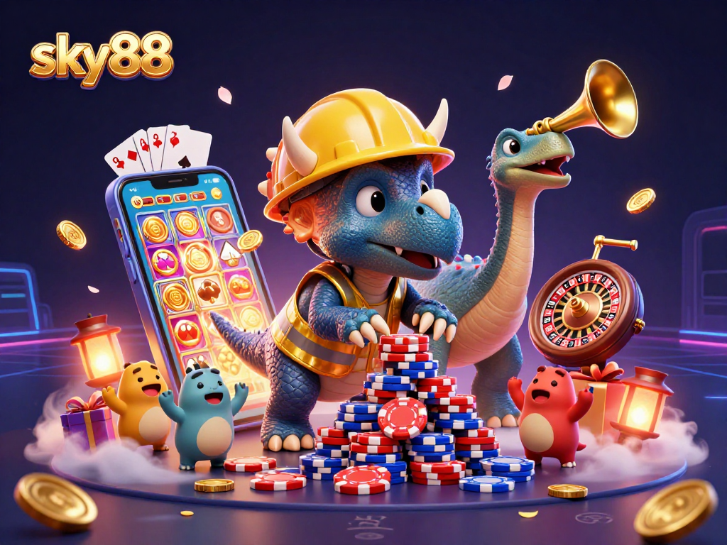Engage with sky88's dynamic gaming scene featuring a triceratops building poker chip pyramids.