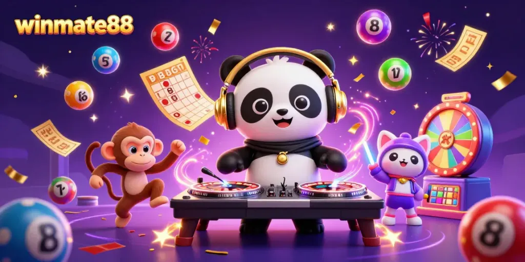 Experience excitement at winmate88 with DJ panda, breakdancing monkey, and rave kitten in energetic casino scene.