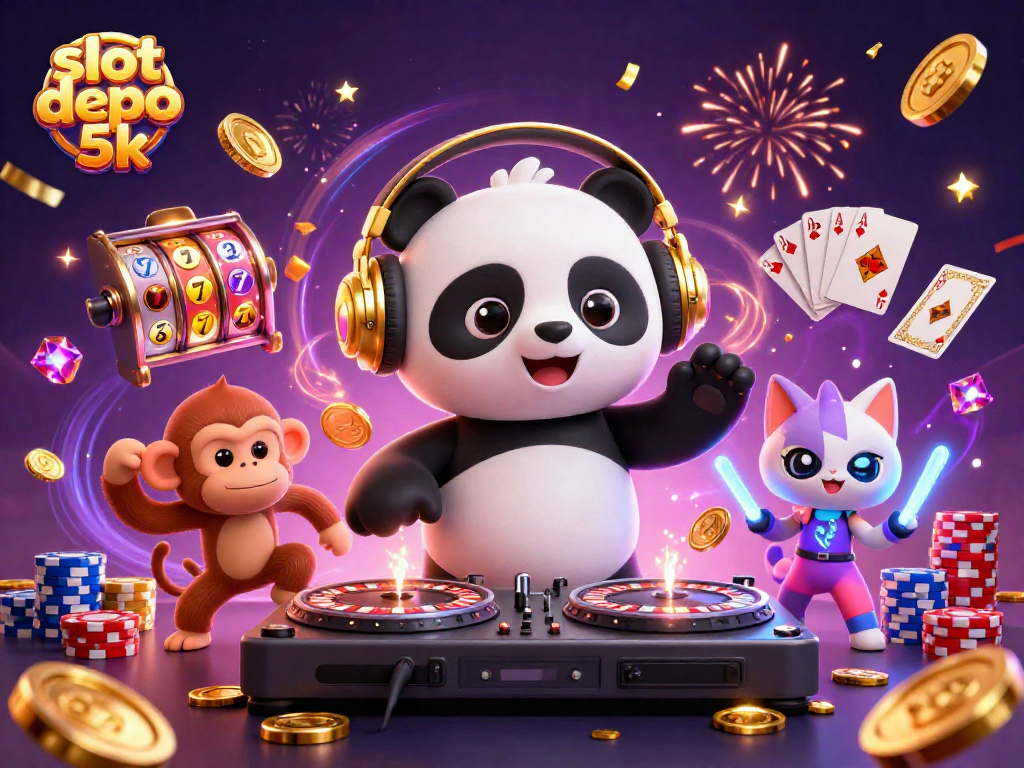 Experience the excitement of slot depo 5k with dynamic characters amidst vibrant casino elements.