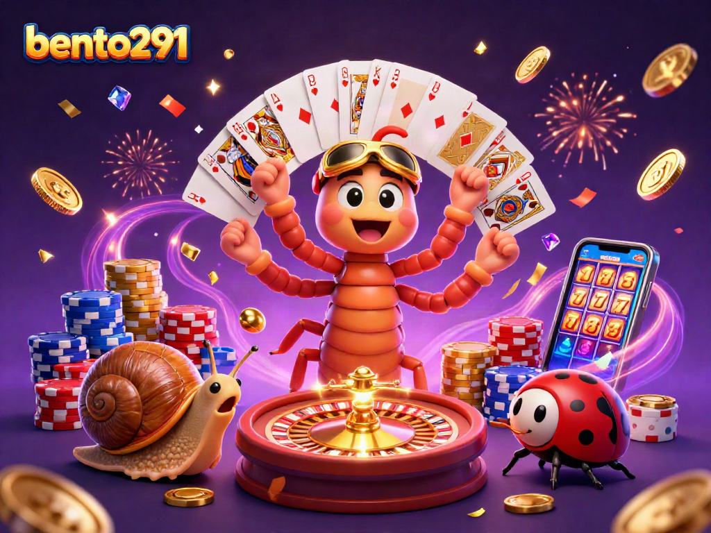 Engage in thrilling play at bento291 with a lively 3D casino scene featuring vibrant characters and games.