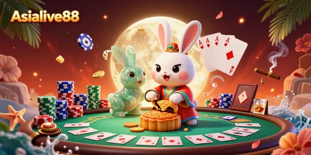 Engage with Asialive88's thrilling scene of a moon rabbit surrounded by casino elements and poker excitement.
