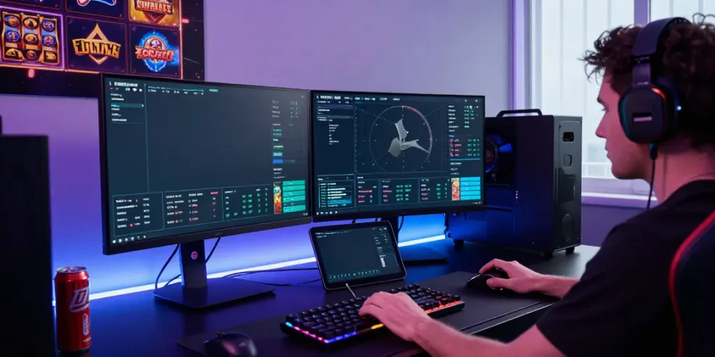 Engaged gamer using Luxury111's framework in a high-tech gaming setup