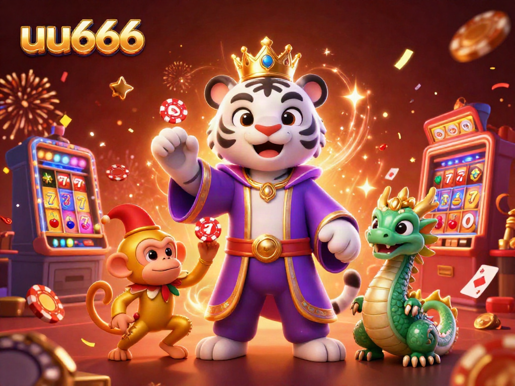 Play and win big with uu666 in a lively casino scene featuring a tiger, monkey, and dragon!