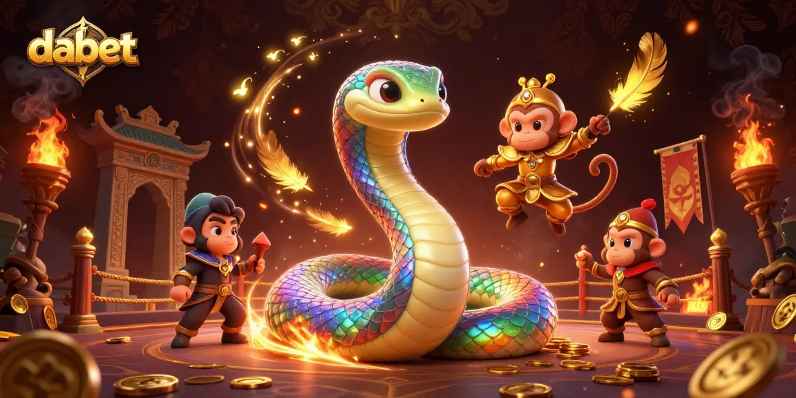 Engage in exciting gameplay with dabet, featuring a dynamic scene of a colorful serpent, monkey king, and rich casino elements.