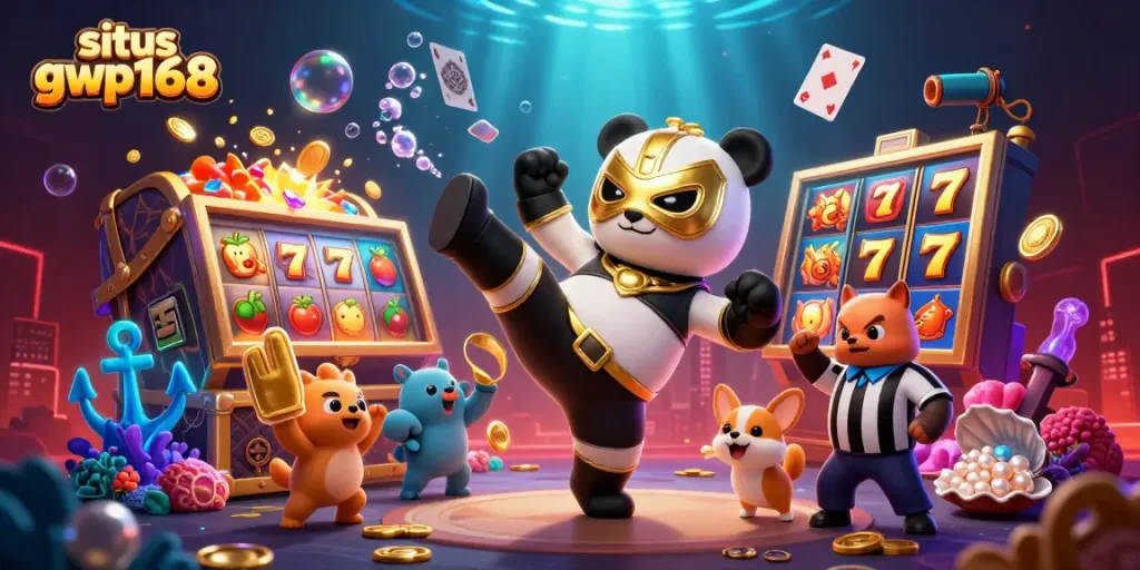 Karakter panda bela diri melakukan tendangan di situs gwp168 dengan semangat, dikelilingi simbol slot dan harta karun.