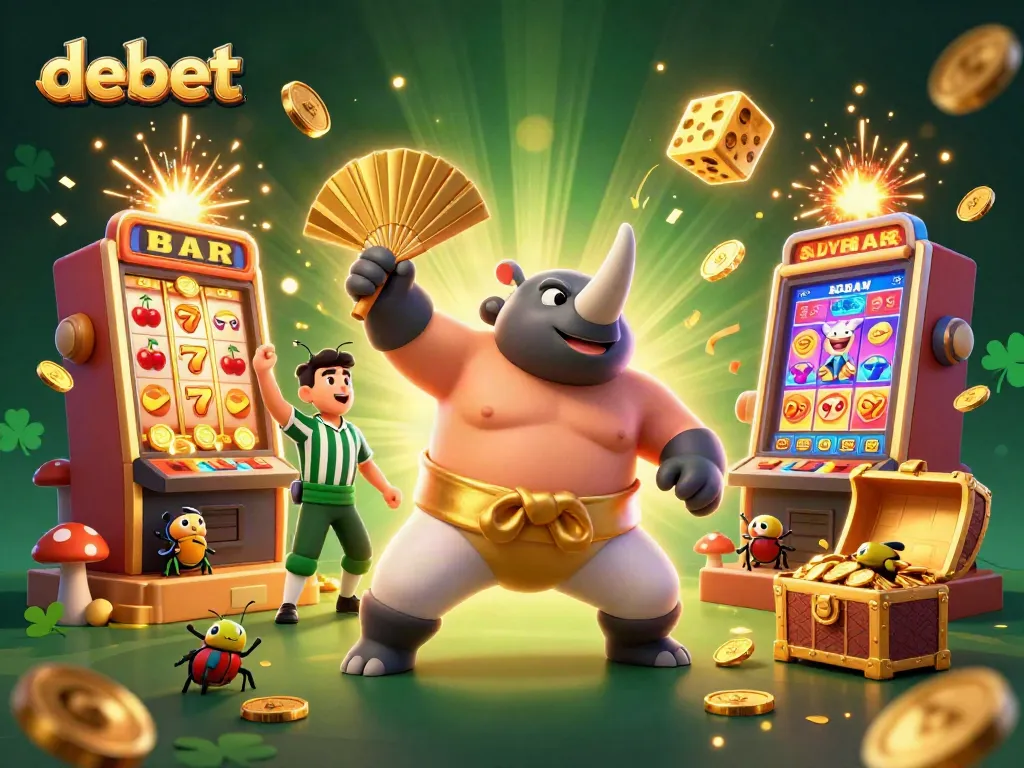 Experience the excitement of debet with a cartoon rhinoceros beetle sumo champion surrounded by slot machines.