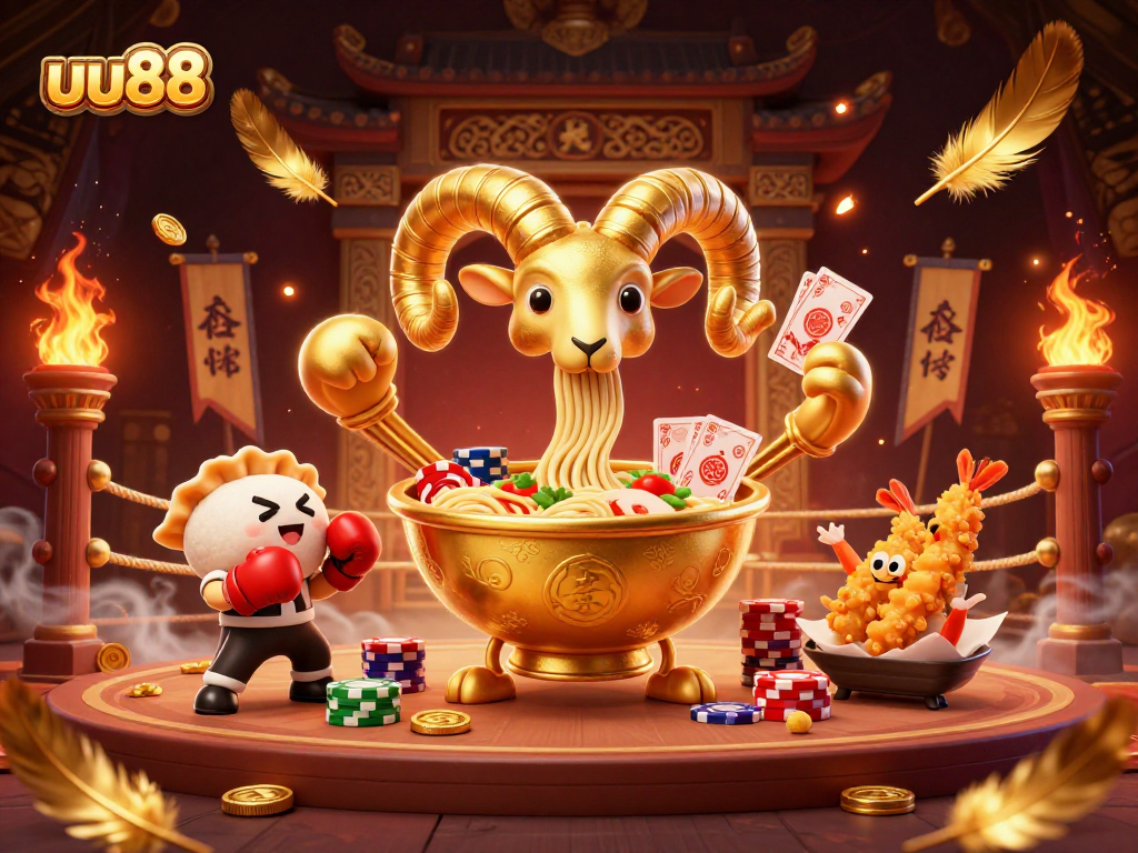 uu88 showcases a vibrant casino scene with a giant ramen bowl dealer, emphasizing dynamic gameplay.