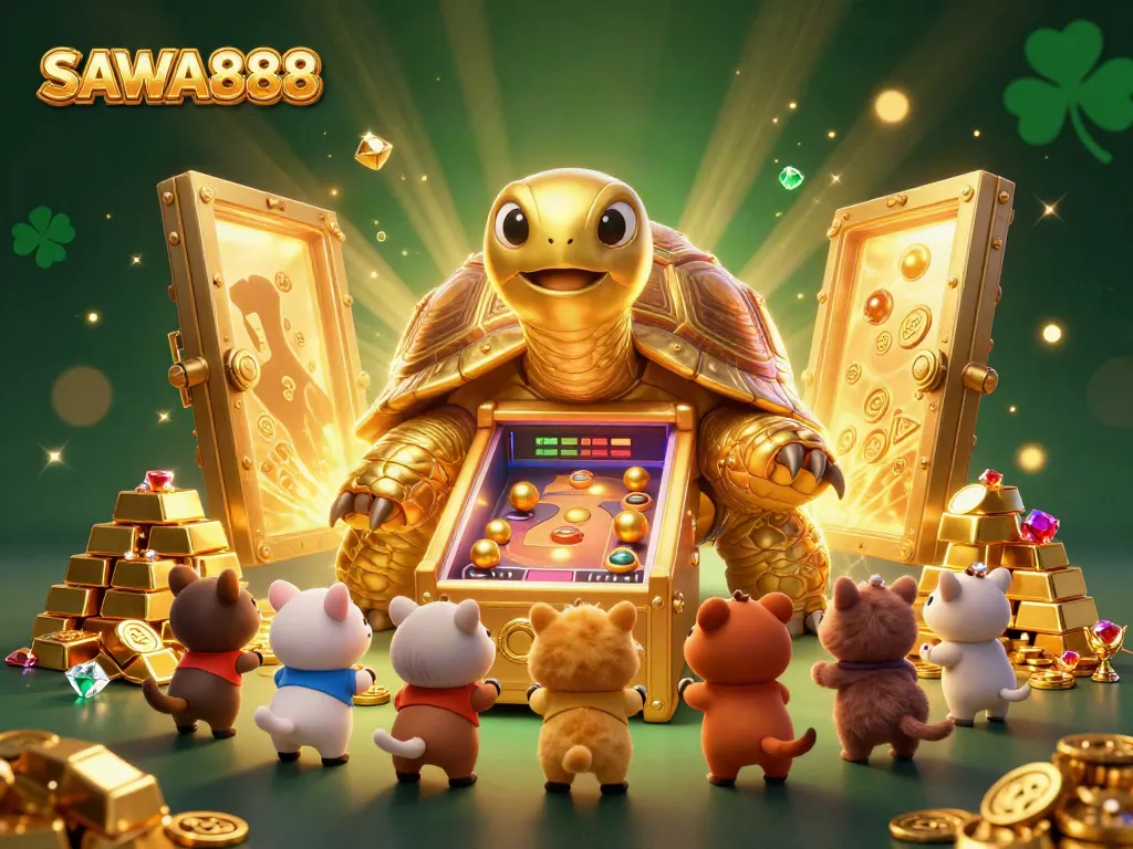 Engage with SAWA888 in this vibrant 3D illustration showcasing a colossal tortoise casino scene with treasures.