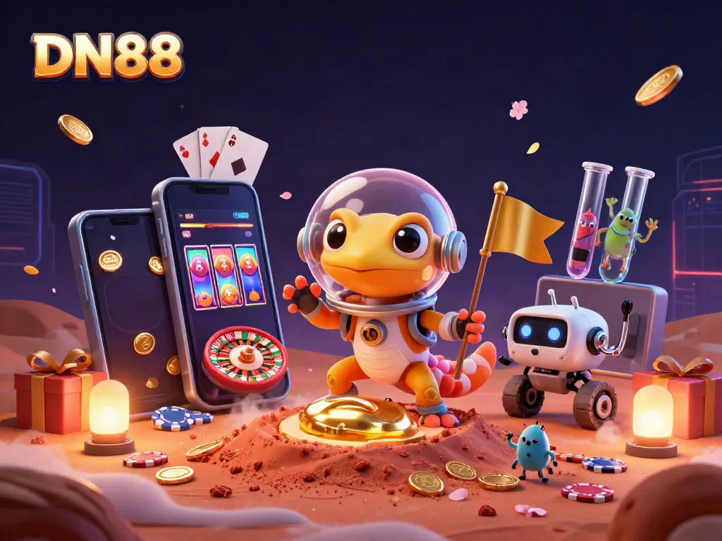 Experience thrilling gaming action at DN88 with a Martian gecko discovering a golden casino.