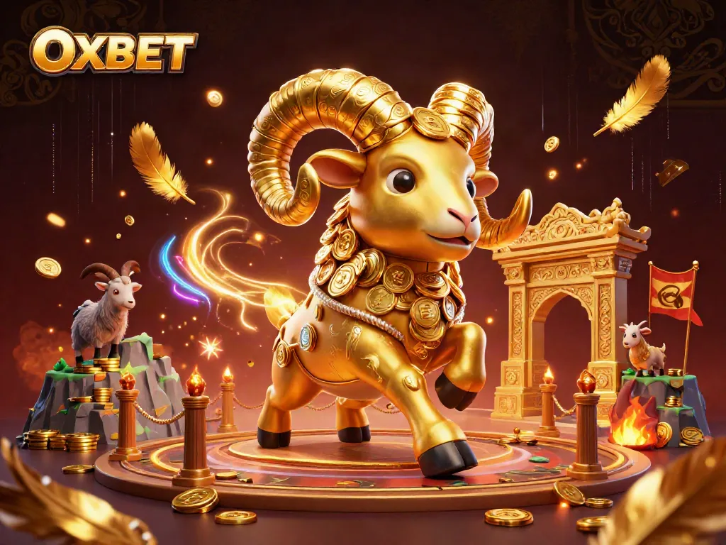 Exciting OXBET gaming scene showcasing a golden ram charging at a vibrant arena with dynamic betting elements.